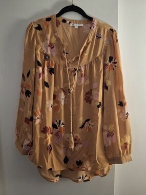 DR2 Women's Mustard Floral Tie-Front Blouse